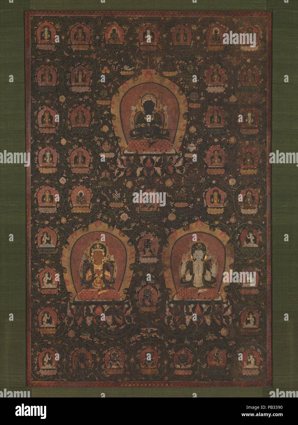 Mandala of Vajradhara, Manjushri and Sadakshari -Lokeshvara. Artist: Unidentified Artist. Culture: China. Dimensions: Image: 58 x 37 1/2 in. (147.3 x 95.3 cm). Date: dated 1479.  The Tibetan branch of Esoteric Buddhism, introduced into China during the Mongol Yuan dynasty (1279-1368), continued to be patronized by early Ming dynasty emperors. Throughout the fifteenth century, a significant community of Tibetan lamas remained active in Beijing, the site of the former Mongol capital city, Dadu, and after 1402 the principal Ming capital.  This mandala, or cosmic diagram used in meditation, is pai Stock Photo