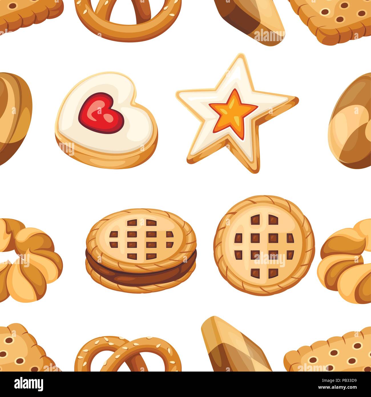 Seamless pattern. Cookie and biscuit icon collection. Colorful flat vector cookies set. Circle, star, sandwich, different shape. Vector illustration i Stock Vector