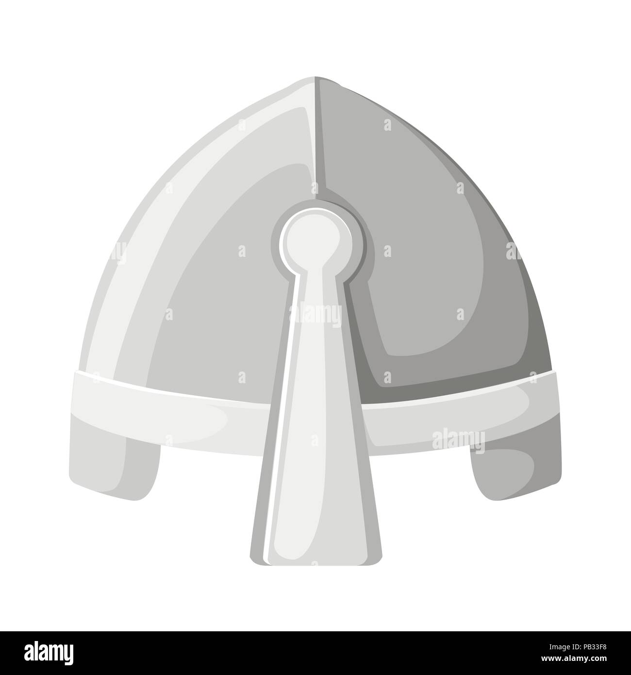 Norman culture. Medieval metal knight helmet. Silver colored armor. Warrior knight logo, emblem, symbol, sport mascot. Flat vector illustration isolat Stock Vector