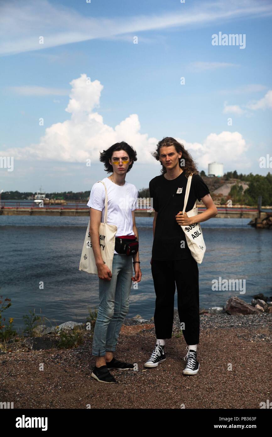 Helsinki, Finland. 24th July, 2018. Models posing outside during Helsinki Fashion Week - July 24, 2018 - Credit: Runway Manhattan | usage worldwide/dpa/Alamy Live News Stock Photo