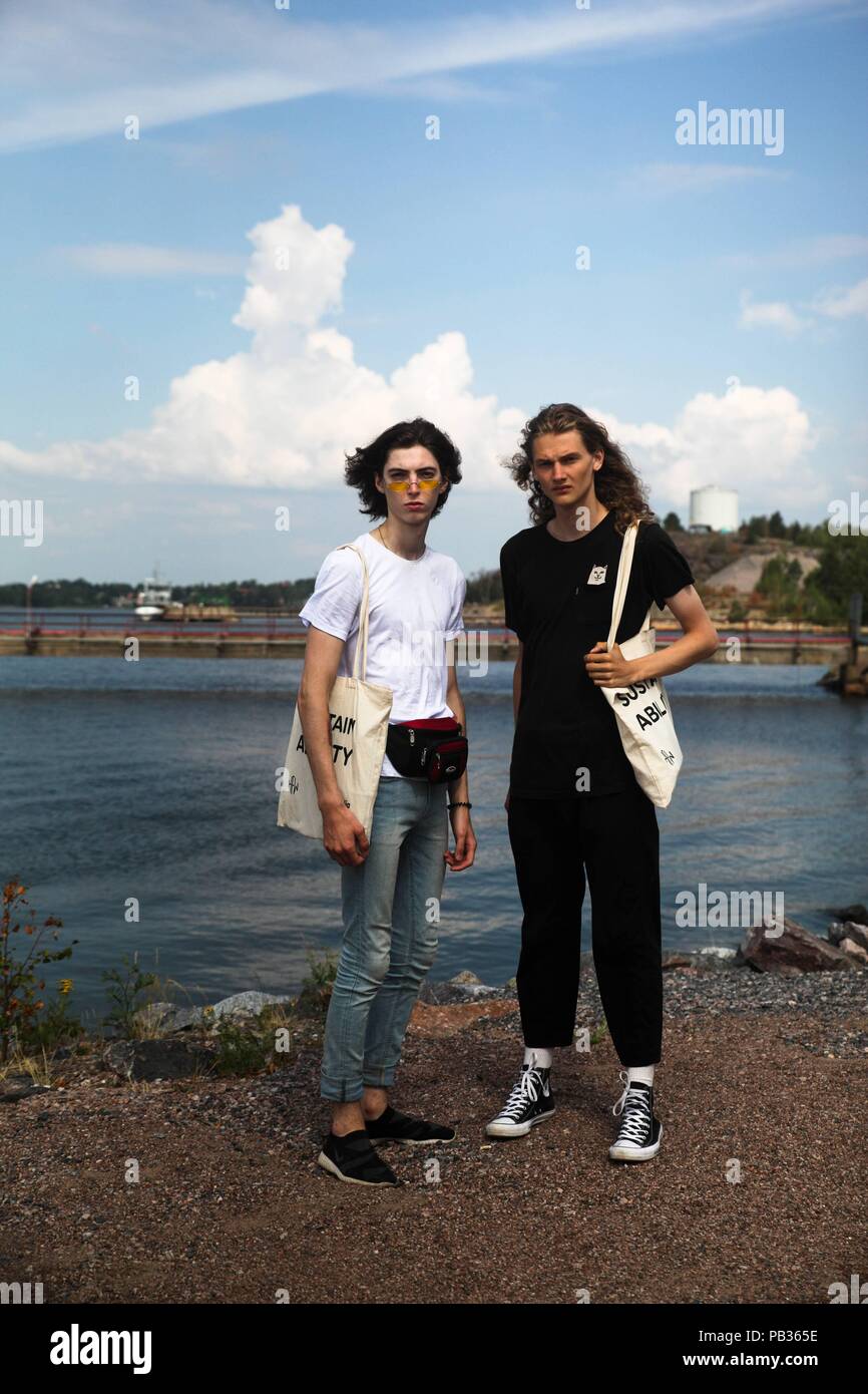 Helsinki, Finland. 24th July, 2018. Models posing outside during Helsinki Fashion Week - July 24, 2018 - Credit: Runway Manhattan | usage worldwide/dpa/Alamy Live News Stock Photo