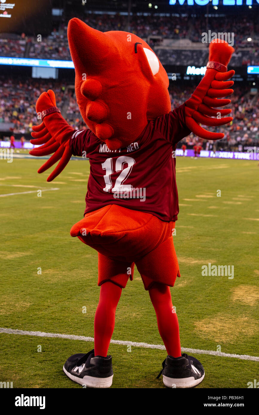 East Rutherford, NJ - July 25, 2018: Mighty Red mascot of Liverpool FC attends ICC game against Manchester City at MetLife stadium Liverpool won 2 - 1 Credit: lev radin/Alamy Live News Stock Photo