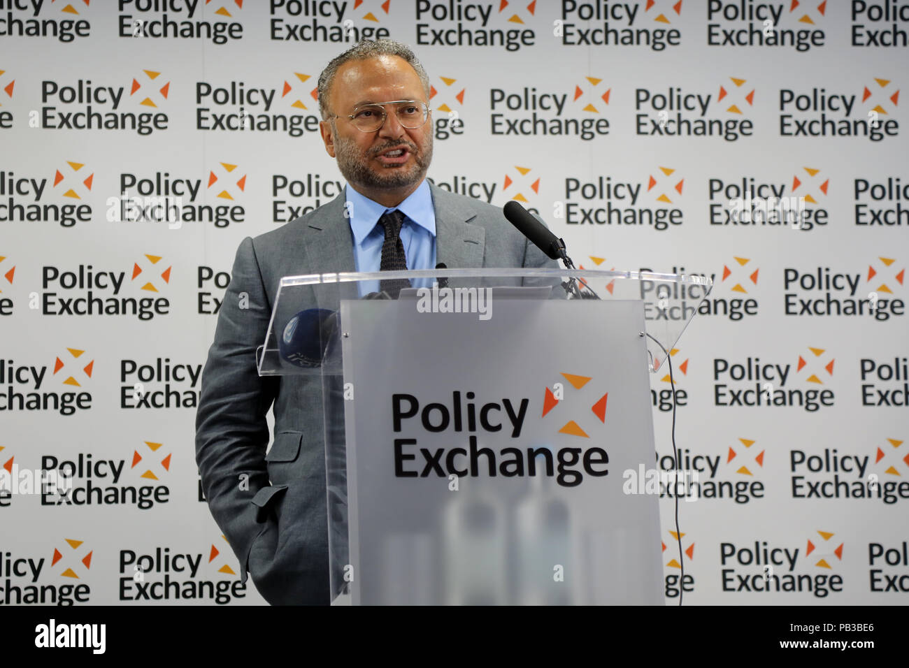 London, UK. 26th July 2018. UAE Minister of State for Foreign Affairs Anwar Gargash giving a speech on UAE foreign policy at Policy Exchange in central London Credit: Dominic Dudley/Alamy Live News Stock Photo