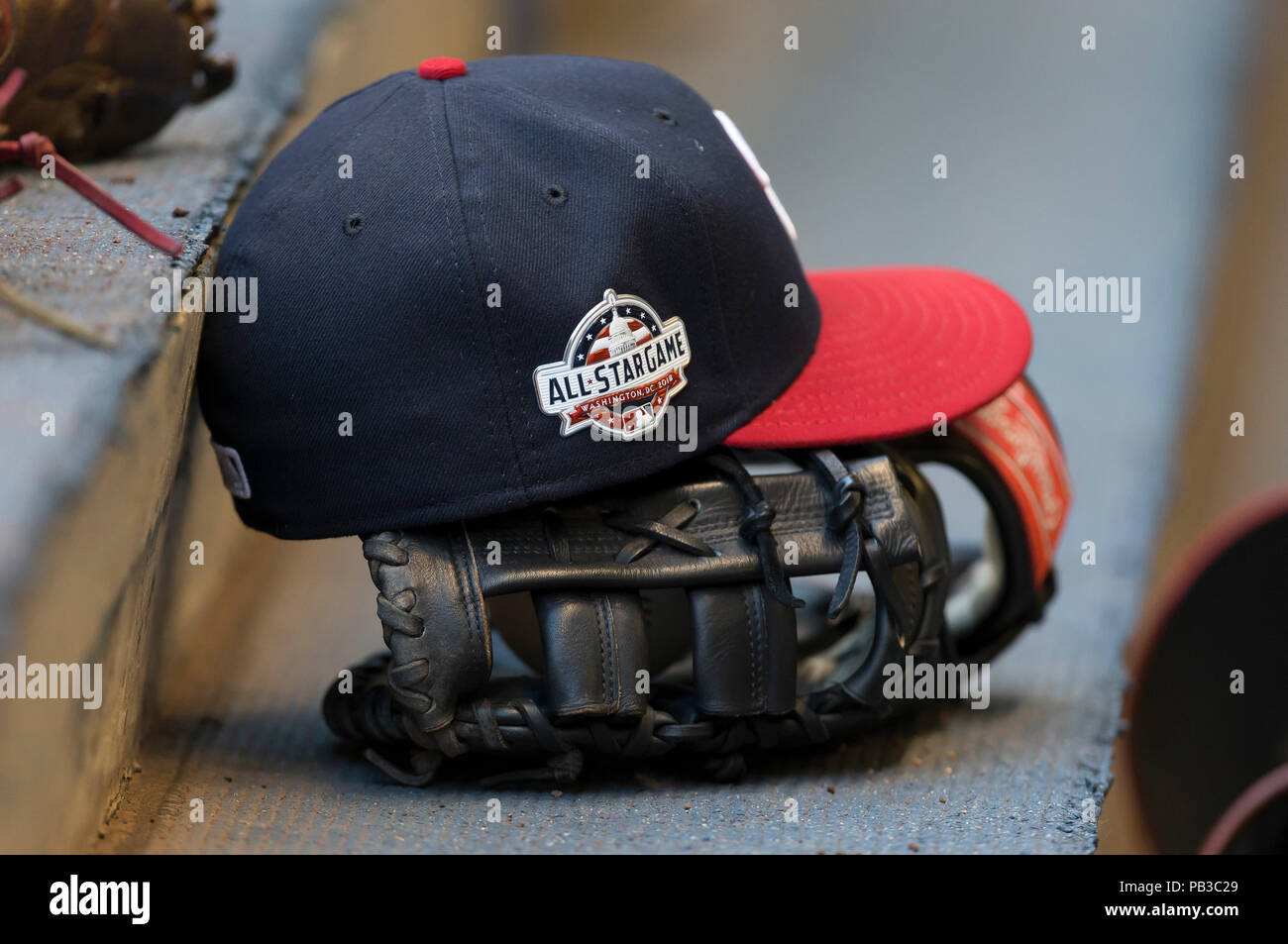 Milwaukee, WI, USA. 24th July, 2018. Washington Nationals hat displaying the All-Star logo during the Major League Baseball game between the Milwaukee Brewers and the Washington Nationals at Miller Park in Milwaukee, WI. John Fisher/CSM/Alamy Live News Stock Photo