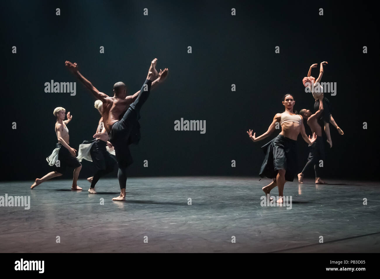 London, UK. 26th July 2018. 'Autobiography' contemporary dance performance by Company Wayne McGregor returns to Sadler's Wells theatre. McGregor's choreography presents and abstract meditation on aspects of self, life, writing and remembered pasts and speculative futures. Credit: Guy Corbishley/Alamy Live News Stock Photo
