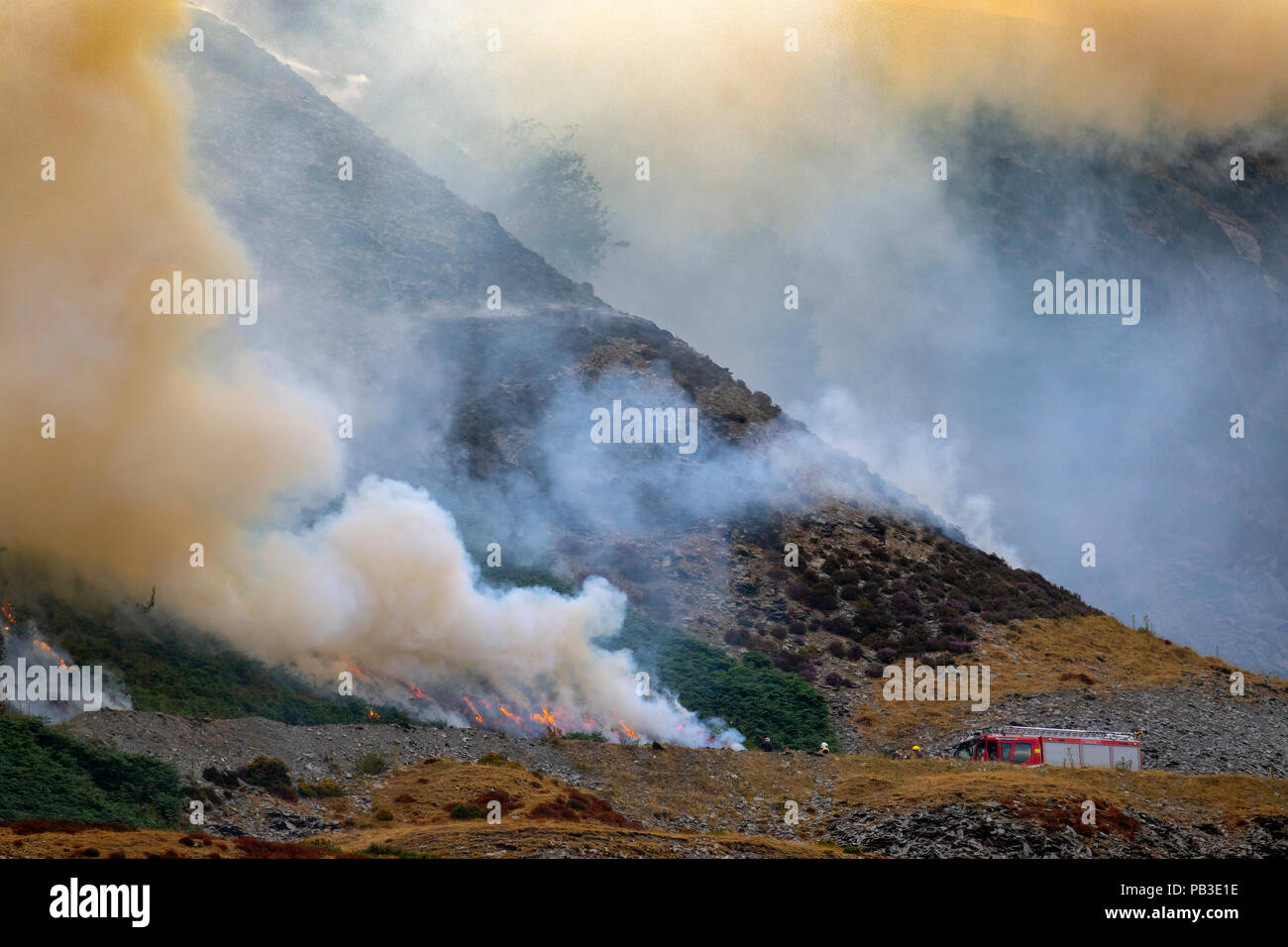 Fire fighters and their appliances tackling the  moorland fire at Llantysilio Mountain along the Horseshoe Pass, Corwen near Llangollen as the fire burns over the mountain due to heatwave temperatures in the UK Stock Photo