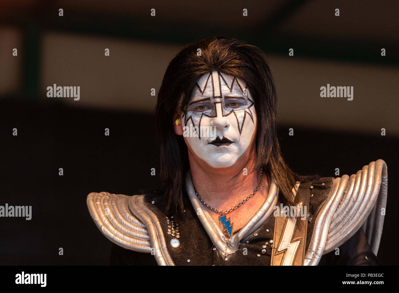 Edmonton, Alberta, Canada. 22nd July, 2018. Mike Moodrey (Space Man) seen performing.The Kiss Tribute Band Destroyer from Ontario, performs at K-Days in Edmonton on the Tim Horton's North Stage. The band has been around since 1993. Credit: Ron Palmer/SOPA Images/ZUMA Wire/Alamy Live News Stock Photo