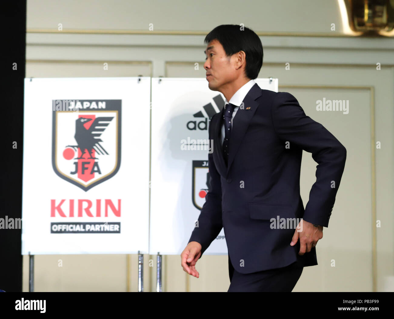 Tokyo, Japan. 26th July, 2018. Newly appointed Japanese football national team head coach Hajime Moriyasu arrives at a press conference in Tokyo onThursday, July 26, 2018. Moriyasu also manages Japan's Olympic team. Credit: Yoshio Tsunoda/AFLO/Alamy Live News Stock Photo