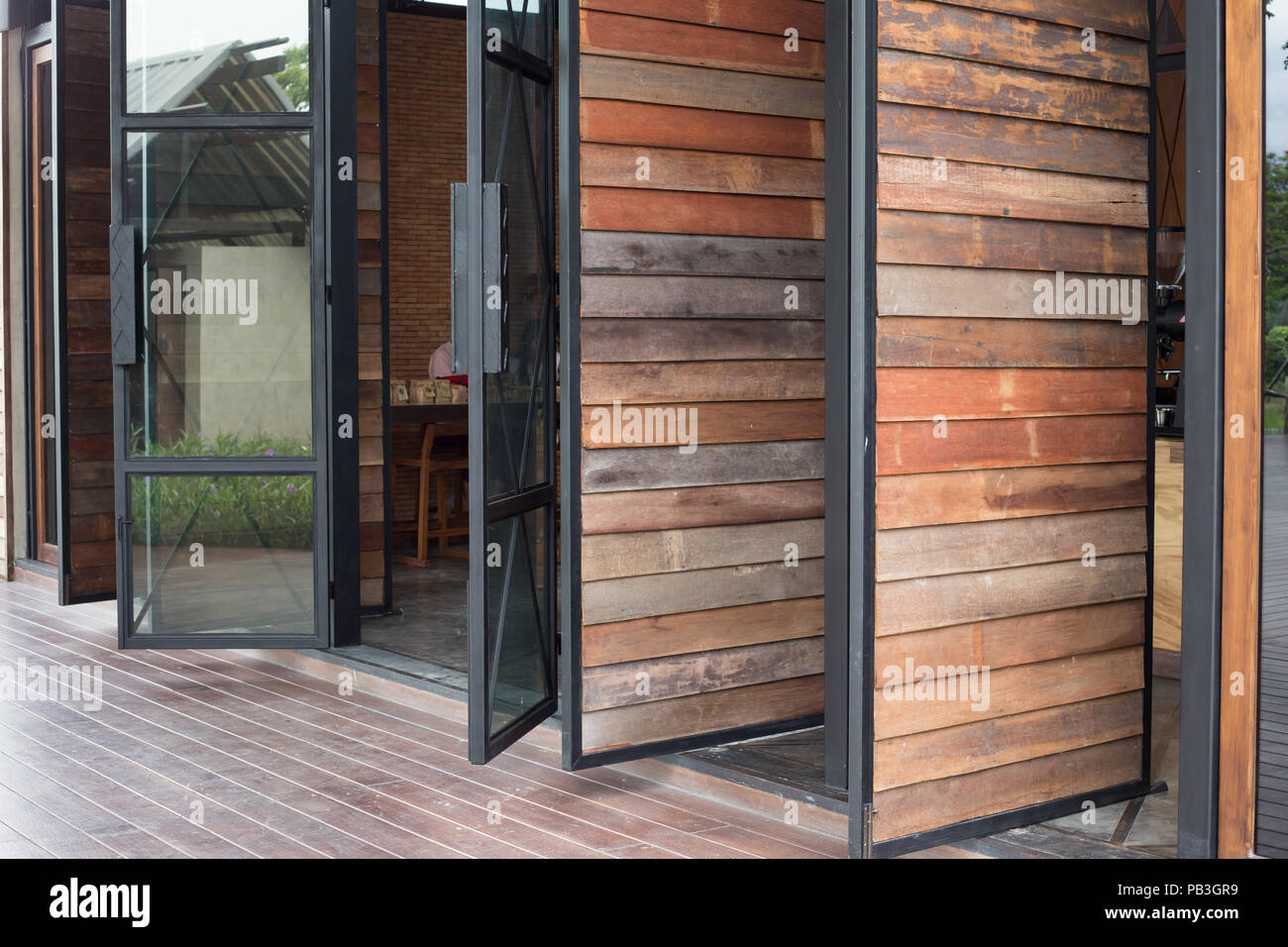 Wood door and frame glass of window Stock Photo Alamy