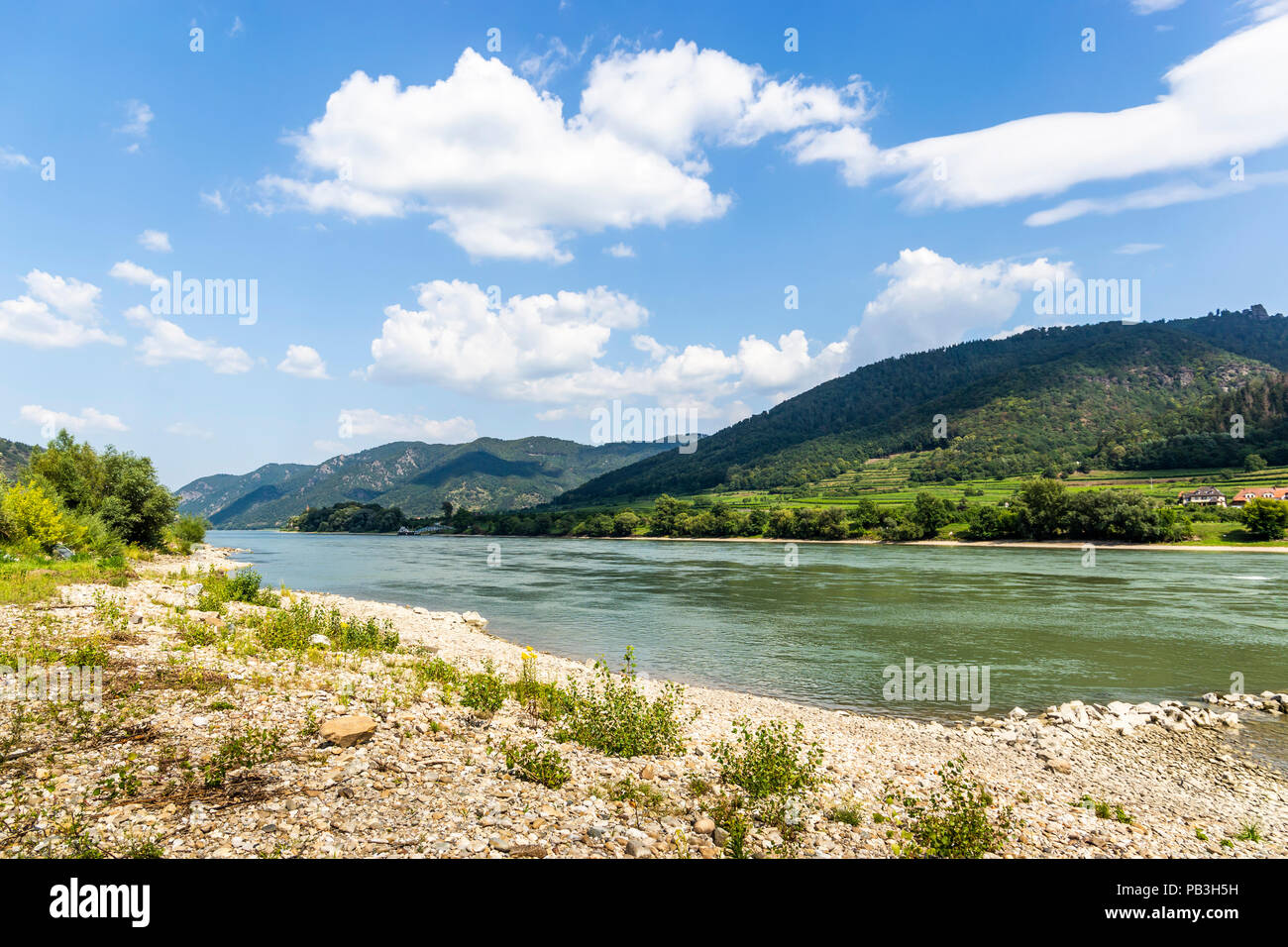 The bank of the Danube River and blue sky. Wachau valley. Austria. Stock Photo