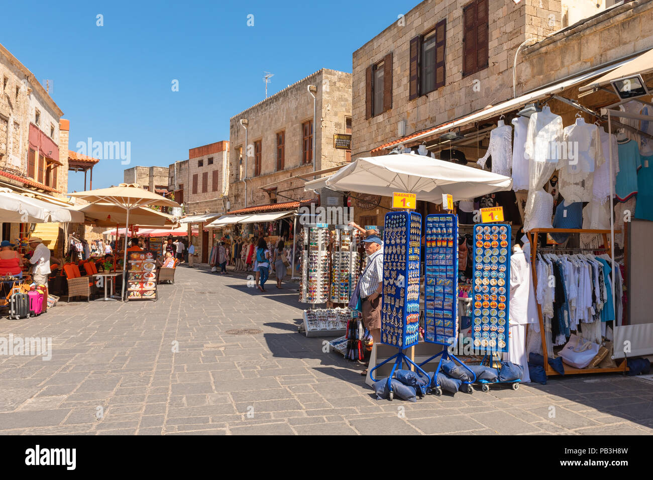 RHODES, GREECE May 13, 2018 Alley with stores in old town of Rhodes