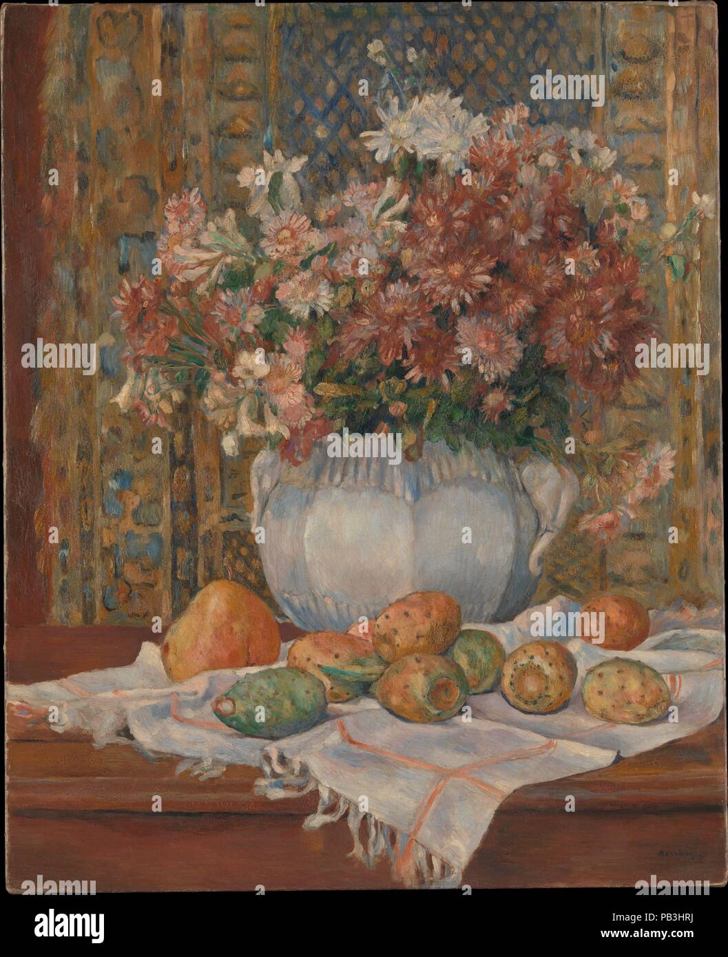 Still Life with Flowers and Prickly Pears. Artist: Auguste Renoir (French, Limoges 1841-1919 Cagnes-sur-Mer). Dimensions: 28 7/8 x 23 3/8 in. (73.3 x 59.4 cm). Date: ca. 1885.    This picture is closely related to <i>Still Life: Flowers</i>, 1885 (Solomon R. Guggenheim Museum, New York), which depicts the same vase--with its distinctive elephant-head handles--and wood table or dresser. Featuring an autumnal bouquet and Cézannesque arrangement of prickly pears, the present still life was likely painted the same year, in the wake of a visit with Cézanne that summer. At this time, Renoir sought t Stock Photo