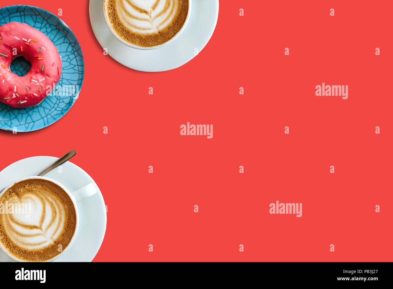 Top view. Two cups of fragrant delicious coffee cappuccino and a number