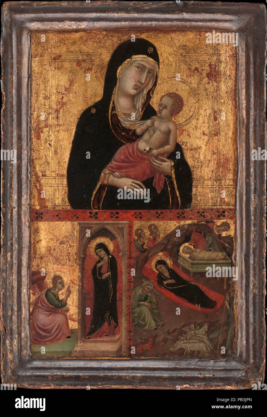 Madonna and Child with the Annunciation and the Nativity. Artist: Goodhart Ducciesque Master (Italian, Siena, active ca. 1315-30). Dimensions: Overall, with engaged frame, 12 1/8 x 8 1/4 in. (30.8 x 21 cm); painted surface 10 1/4 x 6 1/2 in. (26 x 16.5 cm). Date: ca. 1310-15.    This delicately painted panel is by a close follower of Duccio and employs some of his favorite devices, such as the Child playing with the veil of the Virgin, who engages the gaze of the viewer-worshipper. Its small size made it perfect for private devotion, as it could be easily moved. The scenes of the Annunciation  Stock Photo