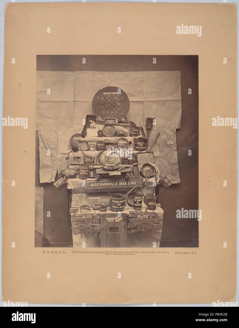 Relics of Andersonville Prison. Dimensions: Image:22.1 x 18.9cm (8 11/16 x 7 7/16in.)  Mount: 13 9/16 × 10 9/16 in. (34.5 × 26.9 cm). Photography Studio: Brady & Co. (American, active 1840s-1880s). Date: June 1866.  Clara Barton, the first president of the American Red Cross, began her philanthropic career by distributing supplies for the relief of wounded soldiers during the Civil War. At its close, she organized the first bureau of records in Washington, D.C., to aid in the search for missing men. In connection with this work, Barton identified and marked the graves of more than 12,000 soldi Stock Photo