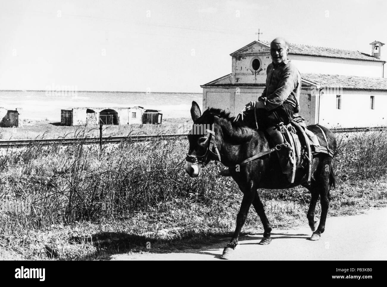 man ride his donkey, ionian sea, calabria, italy, 60's Stock Photo