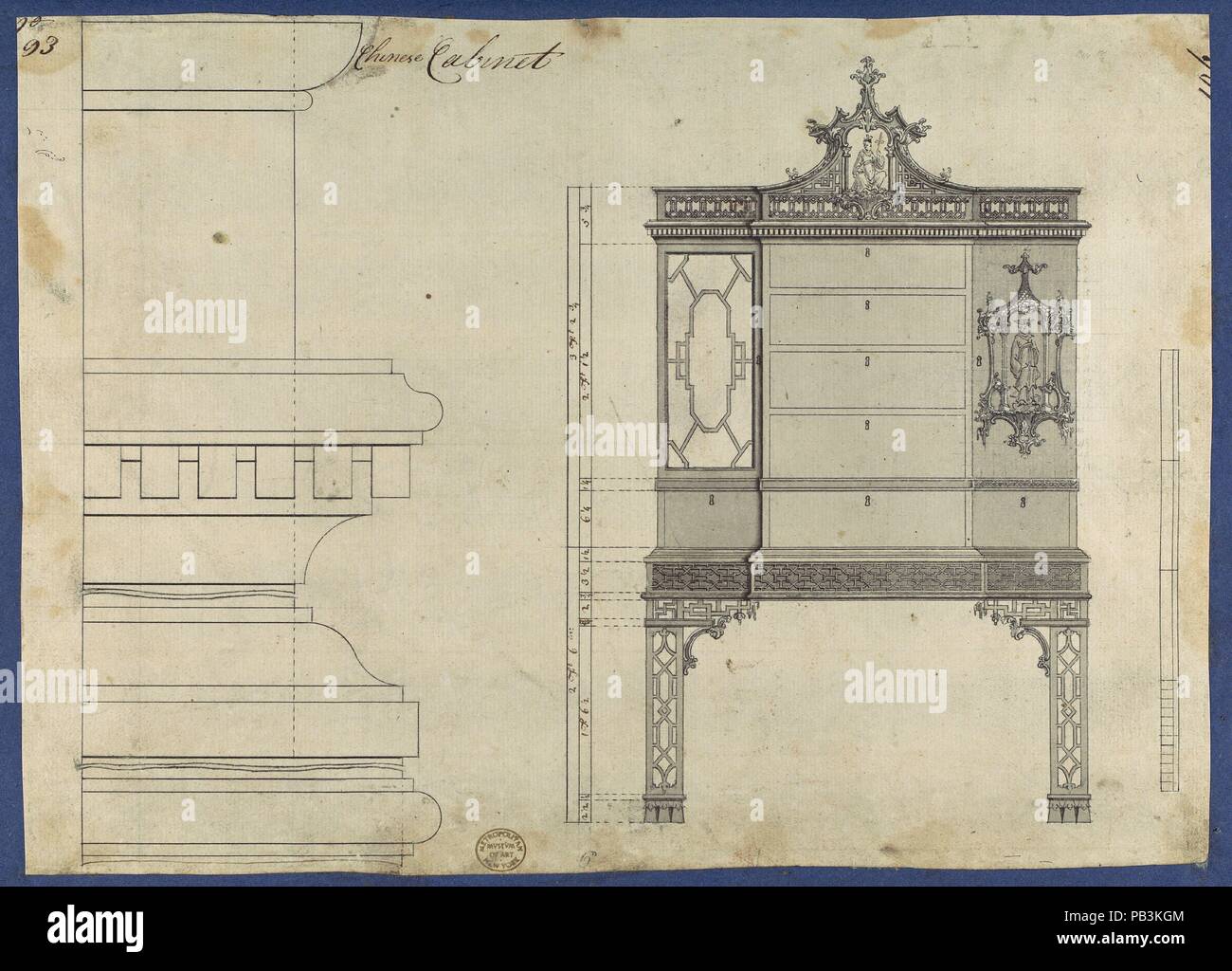 Chinese Cabinet, from Chippendale Drawings, Vol. II. Artist: Thomas Chippendale (British, baptised Otley, West Yorkshire 1718-1779 London). Dimensions: sheet: 8 7/16 x 12 in. (21.4 x 30.4 cm). Published in: London. Date: 1754.  Preparatory drawing for Thomas Chippendale's 'Gentleman and Cabinet Maker's Director'. Published in reverse as plate XCIII in the 1754 and 1755 editions, renumbered as plate CXXIII in the 1762 edition. Museum: Metropolitan Museum of Art, New York, USA. Stock Photo