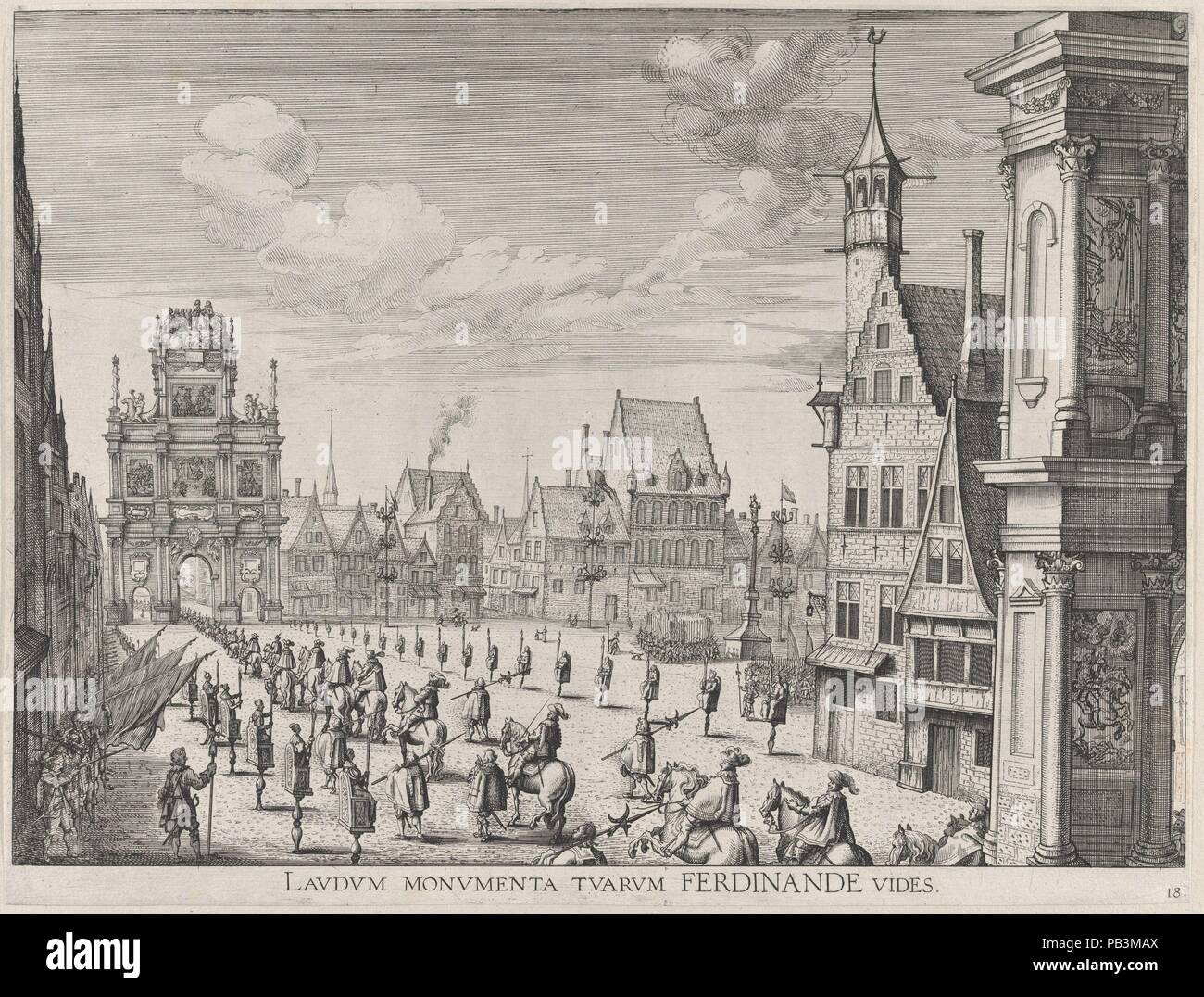 Plate 18: Procession of the Spanish Prince Ferdinand into the city of Ghent, January 28, 1635; from Guillielmus Becanus's 'Serenissimi Principis Ferdinandi, Hispaniarum Infantis...'. Dimensions: Sheet (Trimmed): 11 7/16 × 15 1/8 in. (29.1 × 38.4 cm). Published in: Antwerp. Publisher: Johannes Meursius (Flemish, active 1620-47). Date: 1636.  On January 28, 1635, the city of Ghent celebrated the entry of Cardinal-Infante Ferdinand of Spain, the recently appointed governor of the Southern Netherlands. A group of Flemish artists were commissioned to create paintings for the decoration of two trium Stock Photo