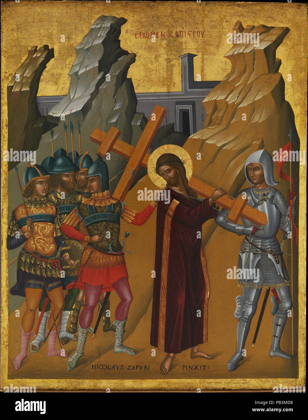 Christ Bearing the Cross. Artist: Nicolaos Tzafouris (Greek, ca. 1455-1500/1501). Dimensions: 27 1/4 x 21 1/2 in. (69.2 x 54.6 cm).  Nicholaos Tzafouris was one of the many icon painters working in the city of Candia (now Iraklion) in Crete at the time when Crete was under the control of Venice. The combination of Byzantine and Latin elements seen in many Cretan icons was well received locally and in Italy. The Greek inscription on this icon describes a Byzantine icon type in which soldiers drag Christ to Golgotha. The image here, however, is western in type, showing Christ carrying the cross  Stock Photo