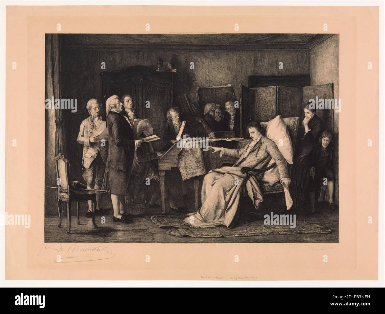 The Last Moments of Mozart. Artist: Armand Mathey-Doret (French, Besançon 1854-1931 Buffard); After Mihály Munkácsy (Hungarian, Mukachevo (Munkács) 1844-1900 Endenich). Dimensions: Plate: 20 1/8 × 26 1/4 in. (51.1 × 66.7 cm)  Sheet: 21 5/8 x 29 5/8 in. (54.9 x 75.2 cm). Publisher: Published by Charles Sedelmeyer (French). Date: 1888. Museum: Metropolitan Museum of Art, New York, USA. Stock Photo