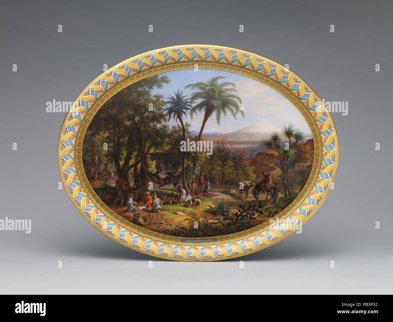 Tray. Culture: French, Sèvres. Decorator: Pictorial decoration by Jean Charles Develly (active 1813-47); Gilded by Pierre Riton (active 1821-60). Dimensions: Overall (confirmed): 3/4 x 17 3/4 x 13 11/16 in. (1.9 x 45.1 x 34.8 cm). Factory: Sèvres Manufactory (French, 1740-present). Patron: Commissioned by Louis Philippe, King of France (French, Paris 1773-1850 Claremont, Surrey) for Queen Marie-Amélie. Date: 1836.  The best of the Sèvres porcelain produced in the mid-nineteenth century displays an originality of conception unmatched by the other European ceramic manufactories of the period. Th Stock Photo