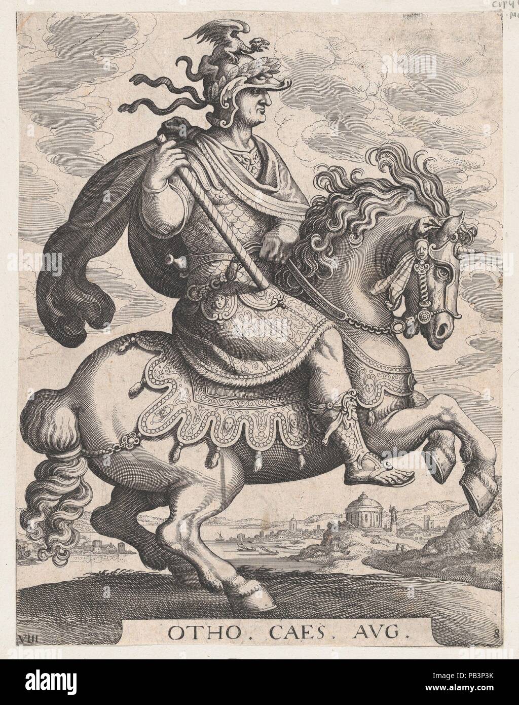 Plate 8: Emperor Otho on Horseback, from 'The First Twelve Roman Caesars', after Tempesta. Artist: Matthäus Merian the Elder (Swiss, Basel 1593-1650 Schwalbach); After Antonio Tempesta (Italian, Florence 1555-1630 Rome). Dimensions: Sheet: 11 13/16 × 9 1/16 in. (30 × 23 cm). Series/Portfolio: The First Twelve Roman Caesars. Date: 1610-50. Museum: Metropolitan Museum of Art, New York, USA. Stock Photo