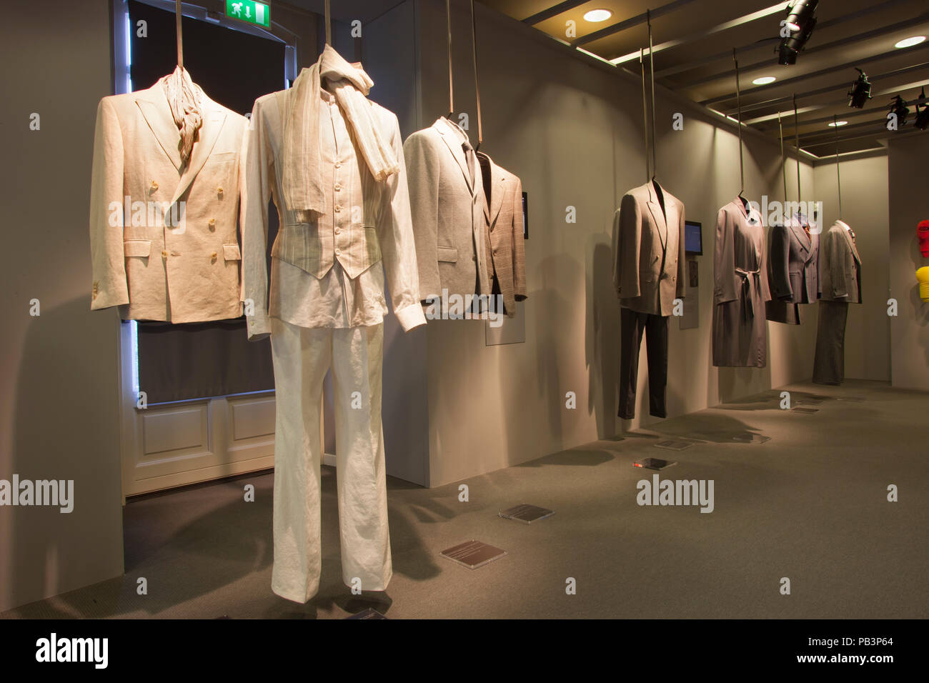 Casa Zegna, part of Fondazione Zegna, exhibition A century of excellence, from textile factory to style factory, part called style, display of suits f Stock Photo