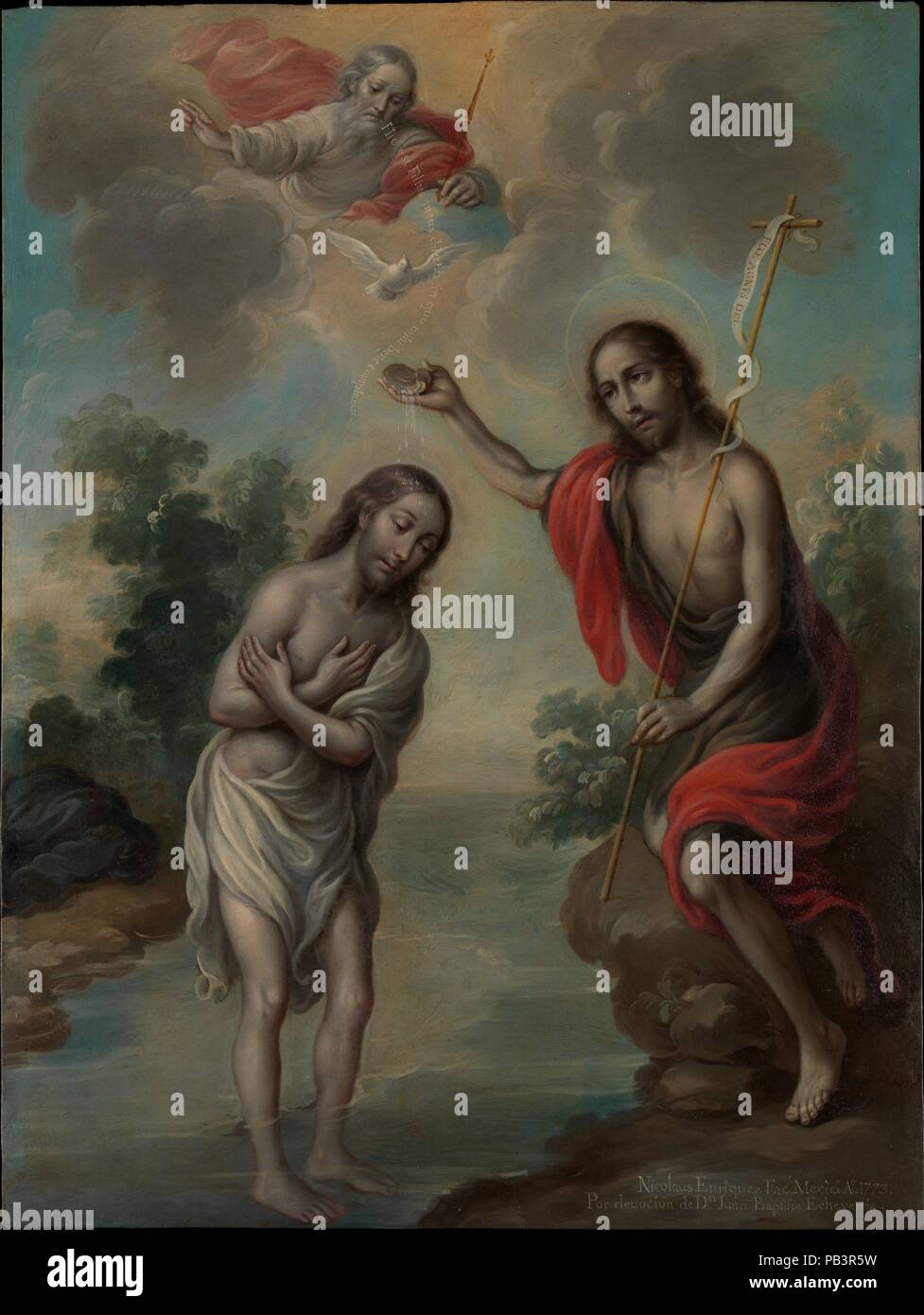 The Baptism of Christ. Artist: Nicolás Enríquez (Mexican, 1704-1790). Dimensions: 22 1/4 × 16 1/2 in. (56.5 × 41.9 cm)  Framed: 25 1/4 × 19 3/4 × 1 1/2 in. (64.1 × 50.2 × 3.8 cm). Date: 1773.  In 1773 Nicolás Enríquez created a set of five paintings (see 2014.171-.175) for the private devotional use of Juan Bautista Echeverría, a Spanish-born merchant.  Echeverría's choice of subject matter is highly personal, reflecting both his Basque roots and his extended residence in Mexico. Enríquez lavished special attention on the painting of Echeverría's namesake, St. John the Baptist. The painter too Stock Photo