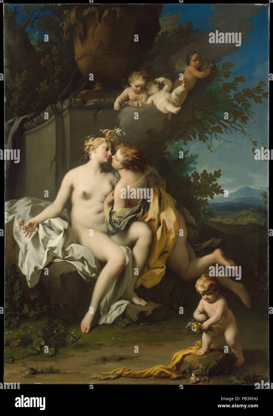 Flora and Zephyr. Artist: Jacopo Amigoni (Italian, Venice 1682-1752 Madrid). Dimensions: 84 x 58 in. (213.4 x 147.3 cm). Date: 1730s.  The Venetians Sebastiano Ricci, Giovanni Pellegrini, Giovanni Battista Tiepolo, and Amigoni all worked throughout Europe, achieving international reputations. A number of Amigoni's best pictures were painted for clients in England, where he worked between 1729 and 1739. This picture, which celebrates the coming of spring in the union of Zephyr with Flora, is one of a pair dating to his English period. The pendant, now in a private collection, shows Venus and Ad Stock Photo