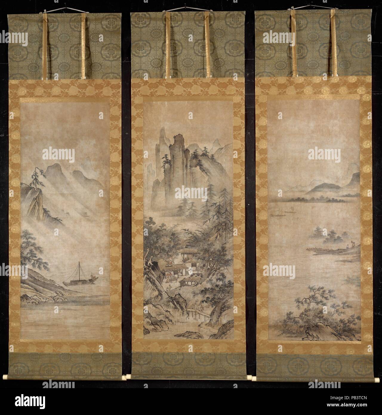 Eight Views of Xiao and Xiang. Culture: Japan. Dimensions: 60 7/8 x 23 1/4 in. (154.6 x 59.1 cm)  Entire scroll: 93 3/4 x 29 3/8 in. (238.1 x 74.6 cm)  Width w/ rollers: 31 3/4 in. (80.6 cm). Date: 16th century.  The theme of the Eight Views of the Xiao and Xiang Rivers celebrates man's emotional response to nature's changing moods. First developed in Chinese poetry and painting during the eleventh century, it was introduced to Japan in the fourteenth century and became a major theme in Japanese ink painting.   In this triptych, the central image, with its bustling activity and clear light, re Stock Photo
