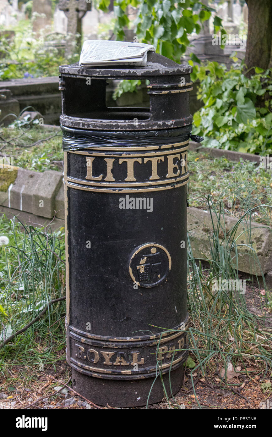 An iconic litter bin in Brompton Cemetary. Stock Photo