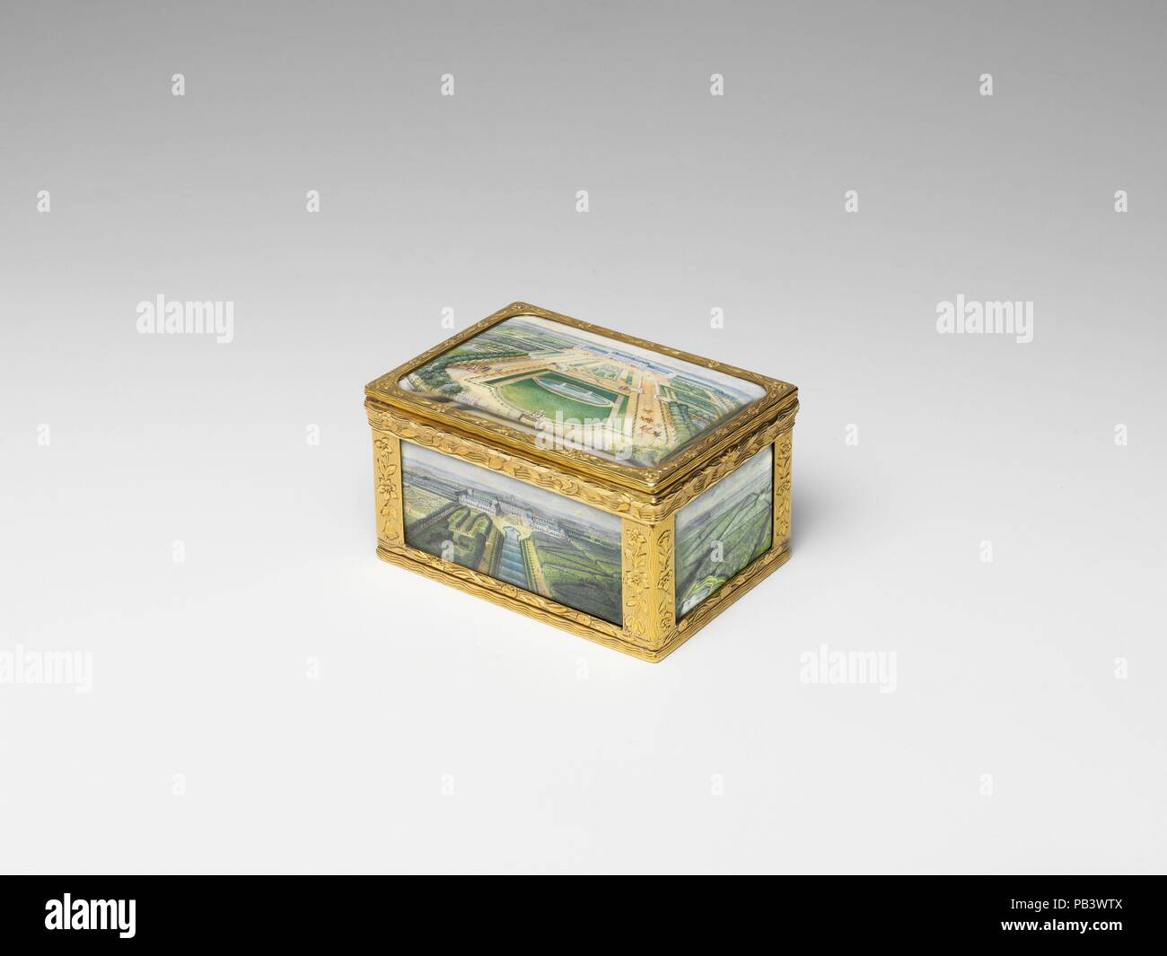 Snuffbox with views at the château of Chanteloup. Artist: Miniatures by Louis Nicolas van Blarenberghe (French, Lille 1716-1794 Fontainebleau). Culture: French, Paris. Dimensions: Overall: 1 3/4 × 3 1/8 × 2 1/4 in. (4.4 × 7.9 × 5.7 cm);  Miniatures: top: 2 1/4 x 3 1/8 in. (57 x 80 mm); bottom: 2 1/4 x 3 1/8 in. (57 x 80 mm); front: 1 3/4 x 3 1/8 in. (45 x 80 mm); back: 1 3/4 x 3 1/8 in. (45 x 80 mm); left side: 1 3/4 x 2 1/4 in. (45 x 57 mm); right side: 1 3/4 x 2 1/4 in. (47 x 57 mm). Maker: Possibly by Pierre-François Delafons (master 1732, died 1787). Date: 1748/49, miniatures 1767.  The mi Stock Photo