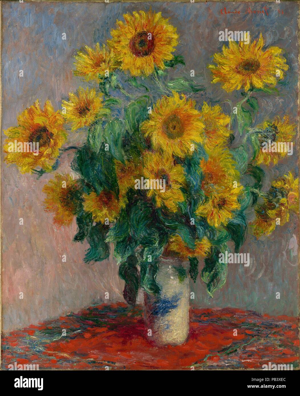 Bouquet of Sunflowers. Artist: Claude Monet (French, Paris 1840-1926 Giverny). Dimensions: 39 3/4 x 32 in. (101 x 81.3 cm). Date: 1881.  In November 1888, Van Gogh wrote: 'Gauguin was telling me the other day--that he'd seen a painting by Claude Monet of sunflowers in a large Japanese vase, very fine. But--he likes mine better. I'm not of that opinion.' Critics had earlier praised the 'brio and daring' of Monet's technique when he showed this still life, depicting sunflowers that grew along the pathway to his garden at Vétheuil, at the 1882 Impressionist exhibition. Artwork also known as: LOS  Stock Photo