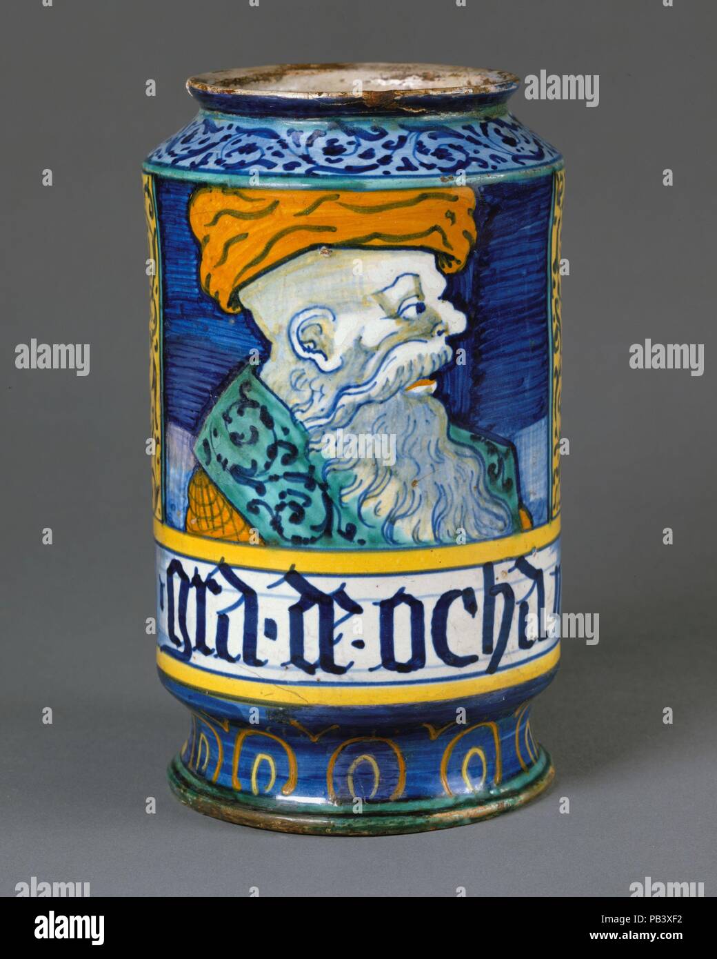 Apothecary jar (albarello). Culture: Italian, Castelli. Dimensions: Height: 7 15/16 in. (20.2 cm). Date: ca. 1530-40. Museum: Metropolitan Museum of Art, New York, USA. Stock Photo