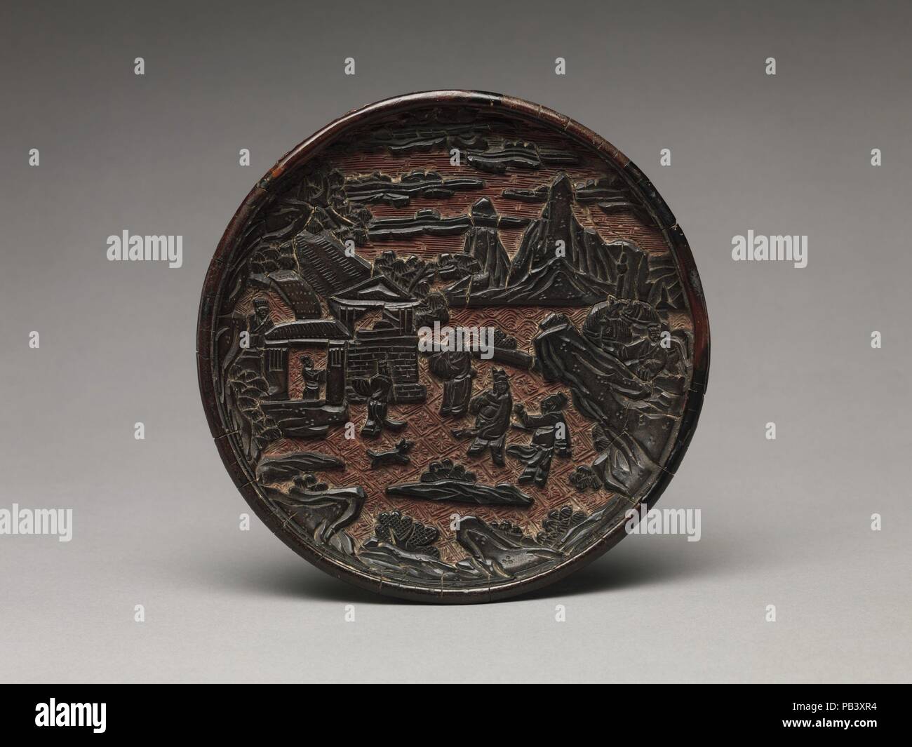 Pair of Dishes with Scenes from the Romance of the Three Kingdoms. Culture: China. Dimensions: Each: Diam. 6 in. (15.2 cm). Date: late 14th century.  The narrative scenes on this pair of dishes derive from Chinese history. At the center of one of the dishes, three figures stand before a hut. They are most likely Liu Bei and his two brothers, visiting the learned scholar Zhuge Liang. Liu Bei was the founder of one of the primary polities in China during the Three Kingdoms period (220-65), a tumultuous era that plays a prominent role in Chinese literature. It is likely that the scene was derived Stock Photo