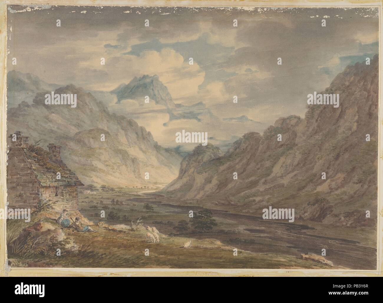 The Honister Pass from Gatesgarth Farm, Gatesgarthdale, Lake District. Artist: Edward Dayes (British, London 1763-1804 London). Dimensions: Sheet: 12 5/8 × 17 13/16 in. (32.1 × 45.2 cm). Date: 1789-1804.  The Lake District inspired some of Dayes's finest work, and lively washes are here applied in a manner that influenced Thomas Girtin, the artist's most notable pupil. When Girtin and J. M. W. Turner toured Britain in the 1790s, they worked in a style learned from Dayes, whose important role in developing watercolor's potential is little recognized. Here, he uses strong framing elements and en Stock Photo