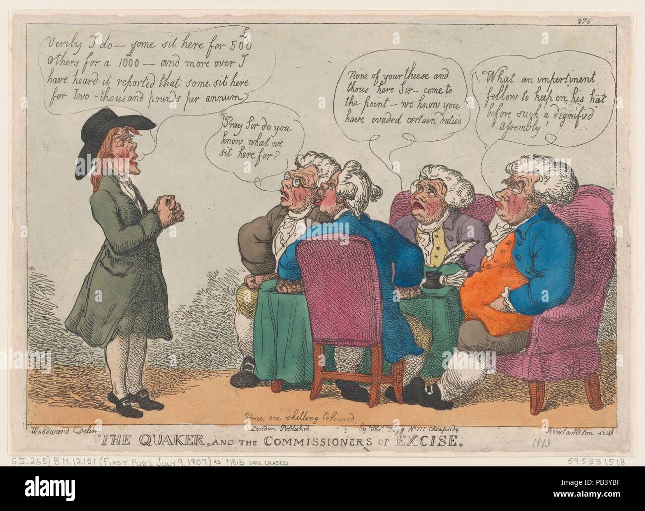The Quaker, and the Commissioners of Excise. Artist: Thomas Rowlandson (British, London 1757-1827 London). Dimensions: Sheet: 9 7/16 × 13 1/4 in. (23.9 × 33.7 cm). Publisher: Thomas Tegg (British, 1776-1846). Date: July 9, 1807. Museum: Metropolitan Museum of Art, New York, USA. Stock Photo