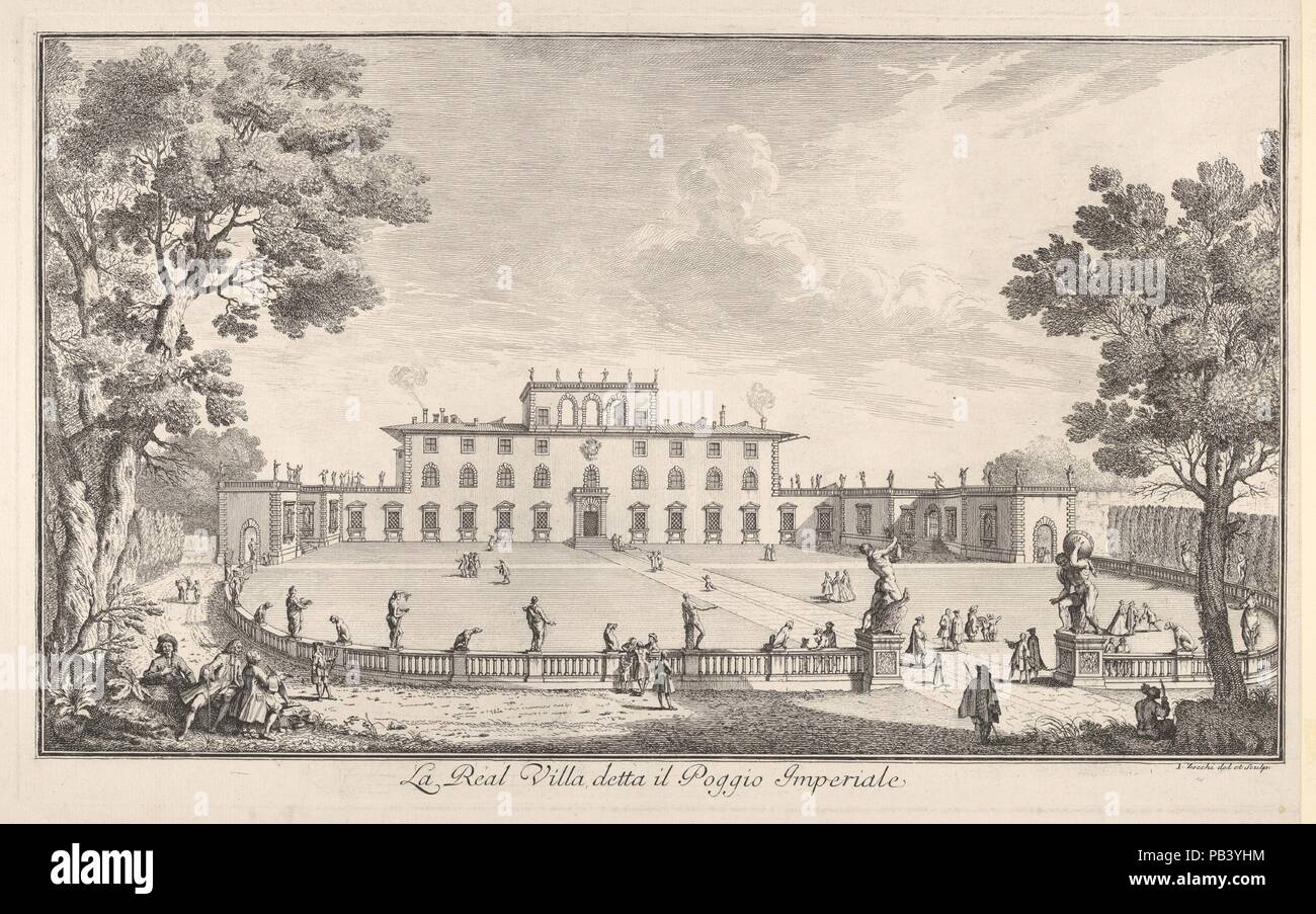 'The Royal Villa called il Poggio Imperiale' (La Real Villa detta il Poggio Imperiale), view of the facade and balustrade with statuary, from the series 'Views of the city and other places of Tuscany' (Vedute delle ville e d'altri luoghi della Toscana). Artist: Giuseppe Zocchi (Italian, Florence 1711-1767 Florence). Dimensions: Sheet: 13 1/8 x 199 in. (33.3 x 505.5 cm). Series/Portfolio: Views of the city and other places of Tuscany (Vedute delle ville e d'altri luoghi della Toscana). Date: 1744. Museum: Metropolitan Museum of Art, New York, USA. Stock Photo
