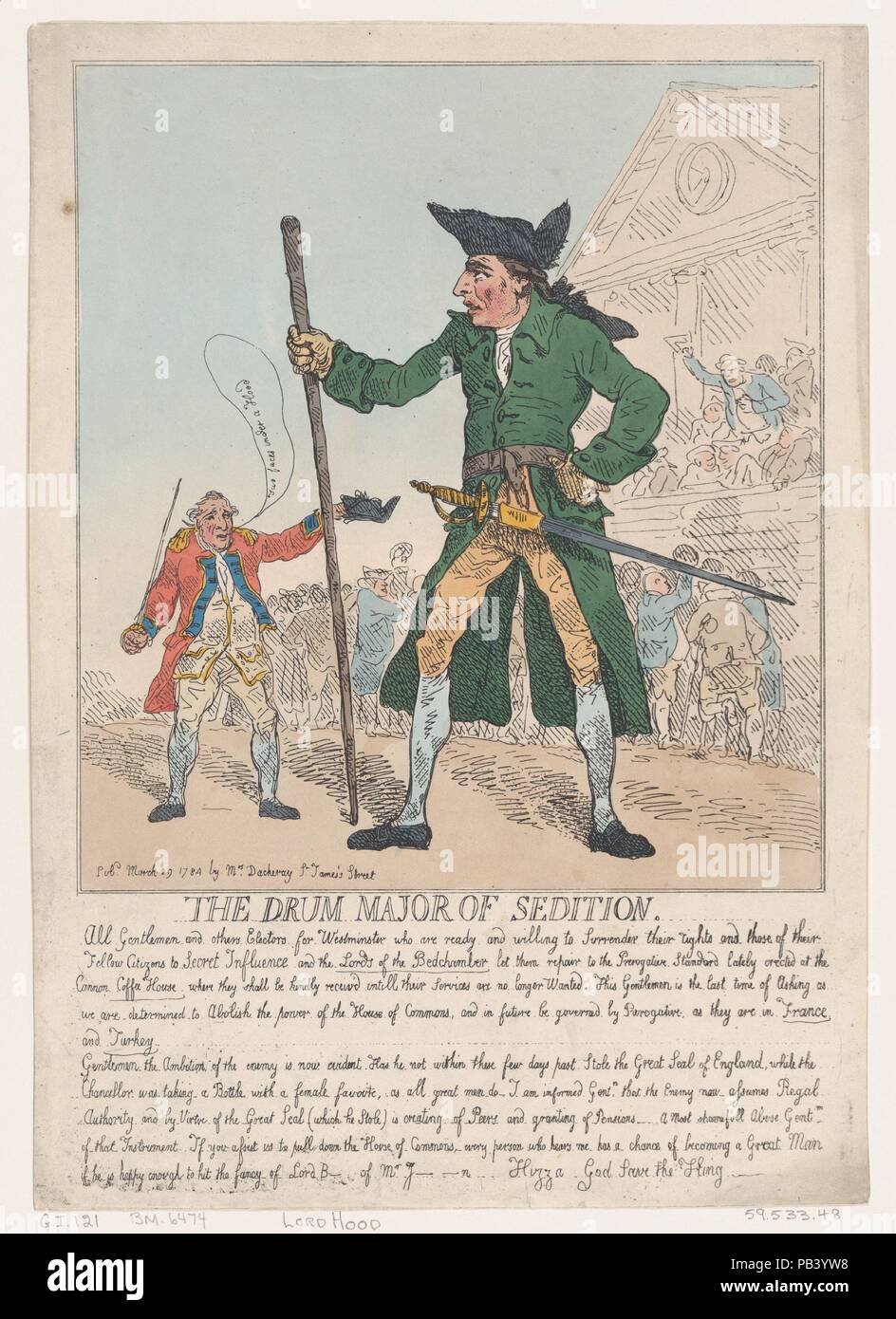 The Drum Major of Sedition. Artist: Thomas Rowlandson (British, London 1757-1827 London). Dimensions: Sheet (trimmed): 9 7/16 × 13 1/4 in. (24 × 33.6 cm). Published in: London. Publisher: Hannah Humphrey (London). Subject: Charles James Fox (British, 1749-1806); Baron Edward Thurlow (British, Norfolk 1731-1806 Brighton); Samuel Hood, 1st Viscount Hood (British, 1724-1816); Charles Jenkinson; John Stuart, 3rd Earl of Bute (British, born Scotland, Edinburgh 1713-1792 London). Date: March 29, 1784. Museum: Metropolitan Museum of Art, New York, USA. Stock Photo