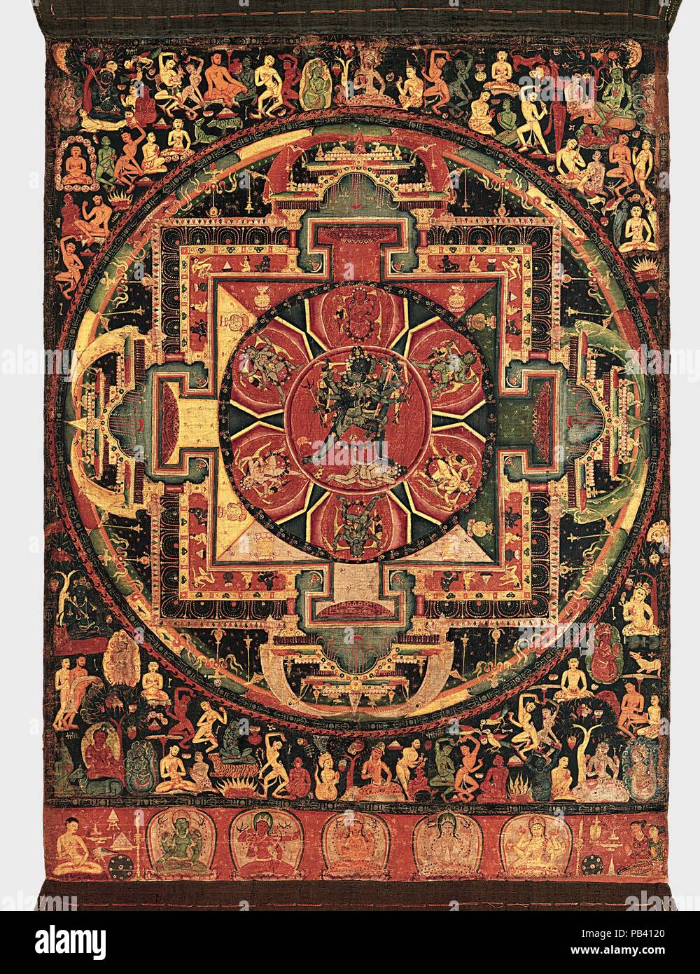 Chakrasamvara Mandala. Culture: Nepal. Dimensions: Image: 26 1/2 x 19 3/4 in. (67.3 x 50.2 cm); Framed: 48 x 33 in. (121.9 x 83.8 cm). Date: ca. 1100.  This ritual diagram (mandala) is conceived as the cosmic palace of the wrathful Chakrasamvara and his consort, Vajravarahi, seen at center. These deities embody the esoteric knowledge of the Yoga Tantras. Six goddesses on stylized lotus petals surround the divine couple. Framing the mandala are the eight great burial grounds of India, each presided over by a deity beneath a tree. The cemeteries are appropriate places for meditation on Chakrasam Stock Photo