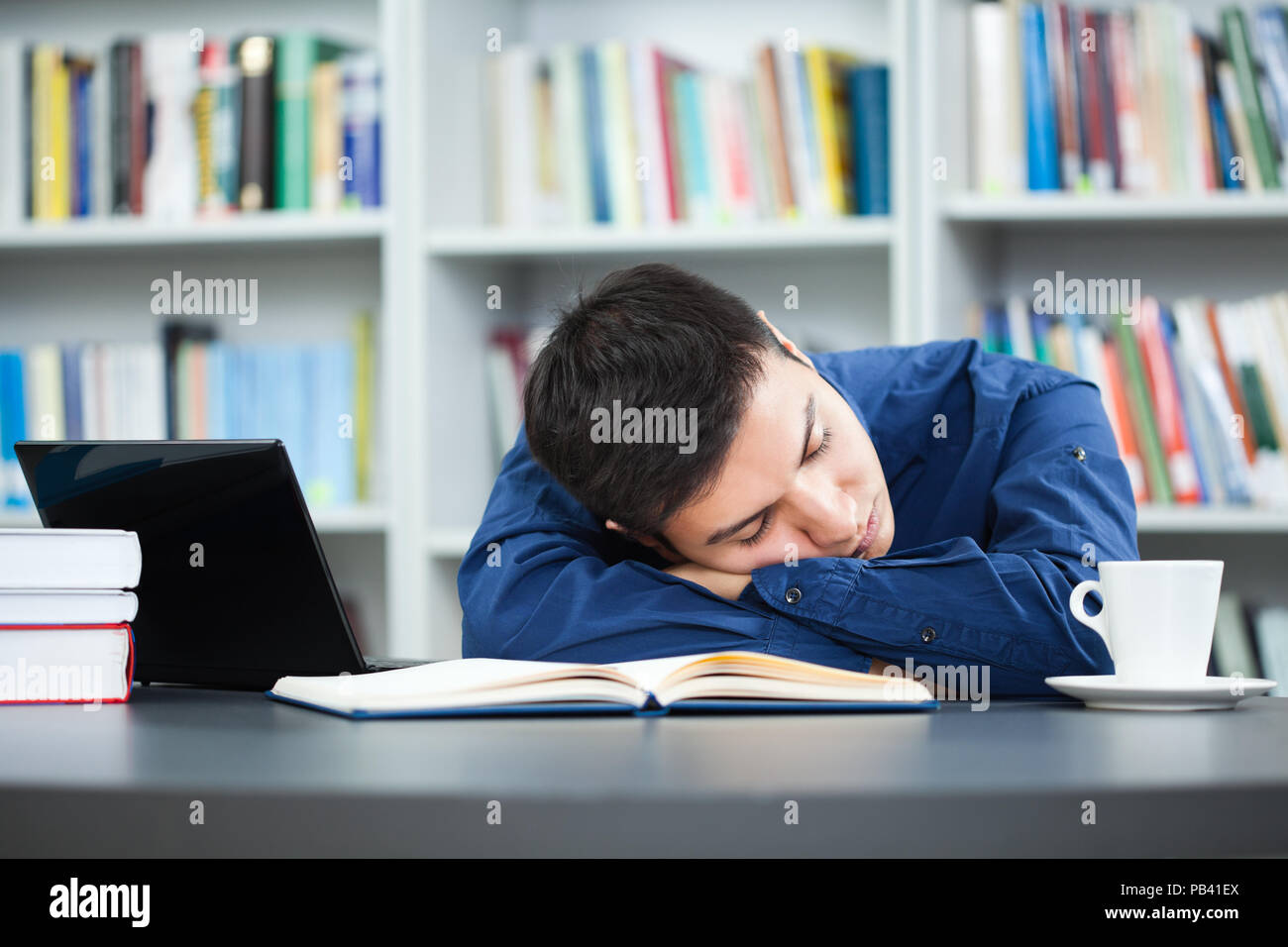 Tired student fell asleep while learning in library. Stock Photo