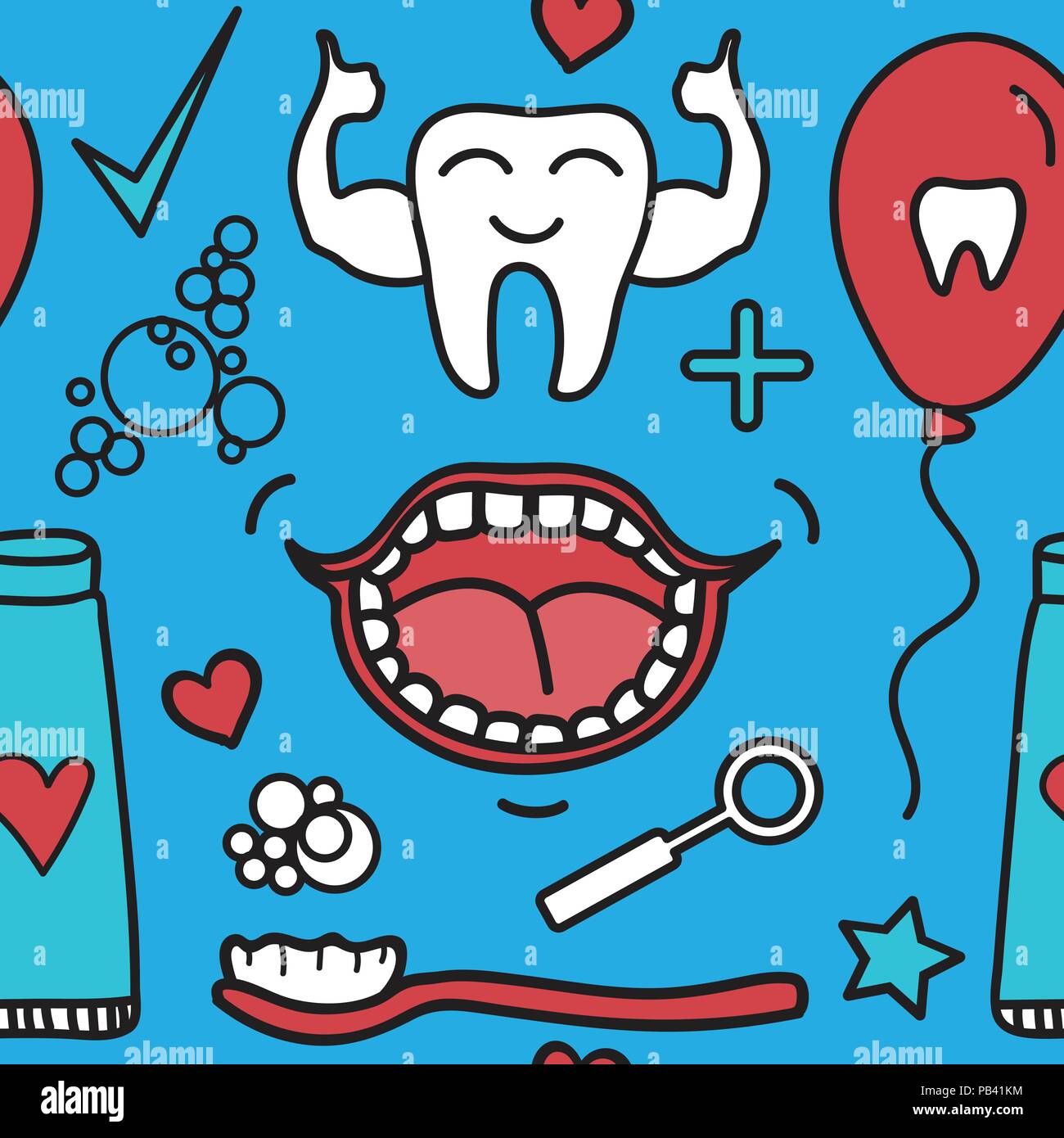 Vector Dental care seamless pattern. Set Symbols for kids in cartoon style. Stock Vector