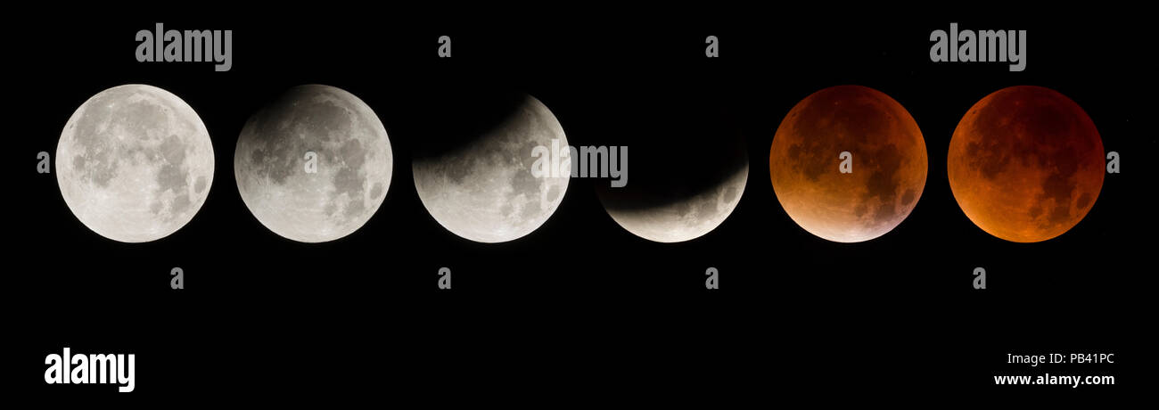 Total Lunar Eclipse of a Supermoon on September 28th 2015. Also called a Blood Moon. A digital composite of 6 images showing the moon moving through different phases; from the beginning of the penumbral eclipse (left image) to the peak total eclipse (far right). The first image on the left was taken at 2.16am and the last image at 4.44am. Southern Norway. September. Digital Composite. Stock Photo