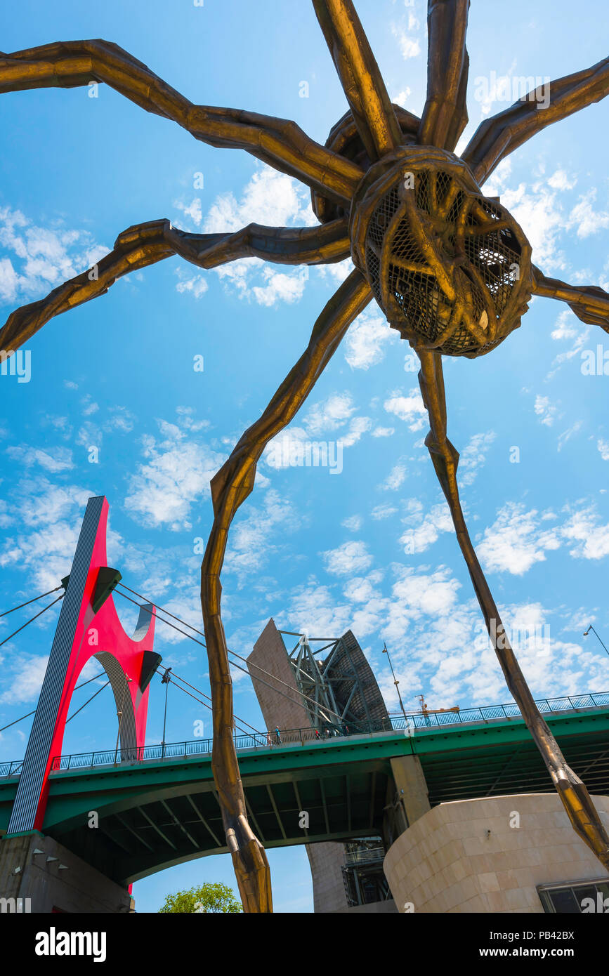 Spain modern city, view of the underside of the Louise Bourgeois designed huge bronze spider (Maman) beside the Guggenheim Museum in Bilbao, Spain. Stock Photo