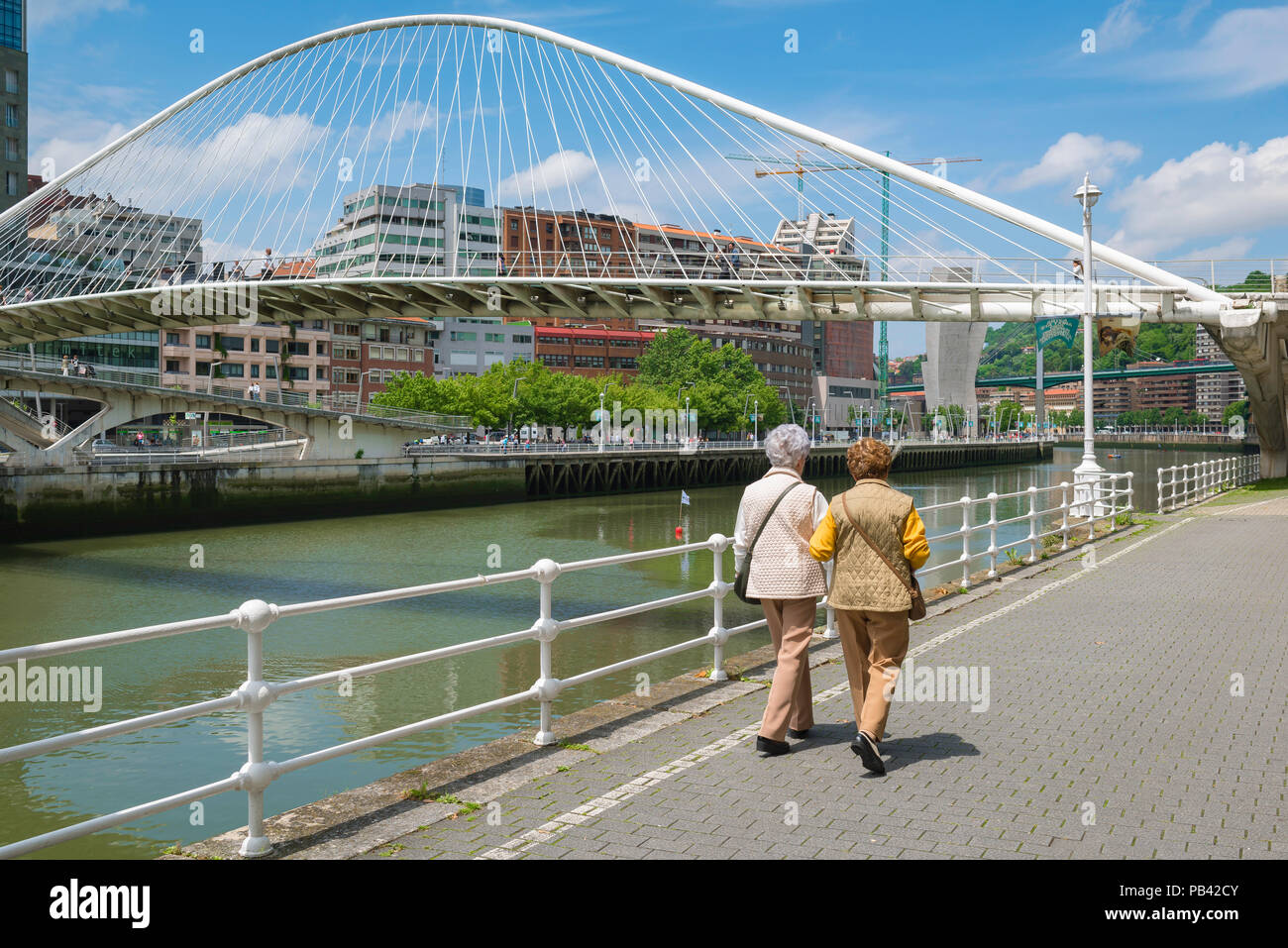 Women friends, rear view of two well-dressed mature women walking alongside the River de Bilbao in Bilbao, Northern Spain. Stock Photo