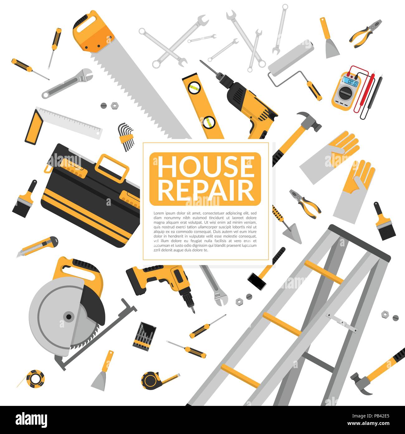 yellow house repair tools and construction working equipment isolated on white background with copy space. vector illustration, flat design Stock Vector