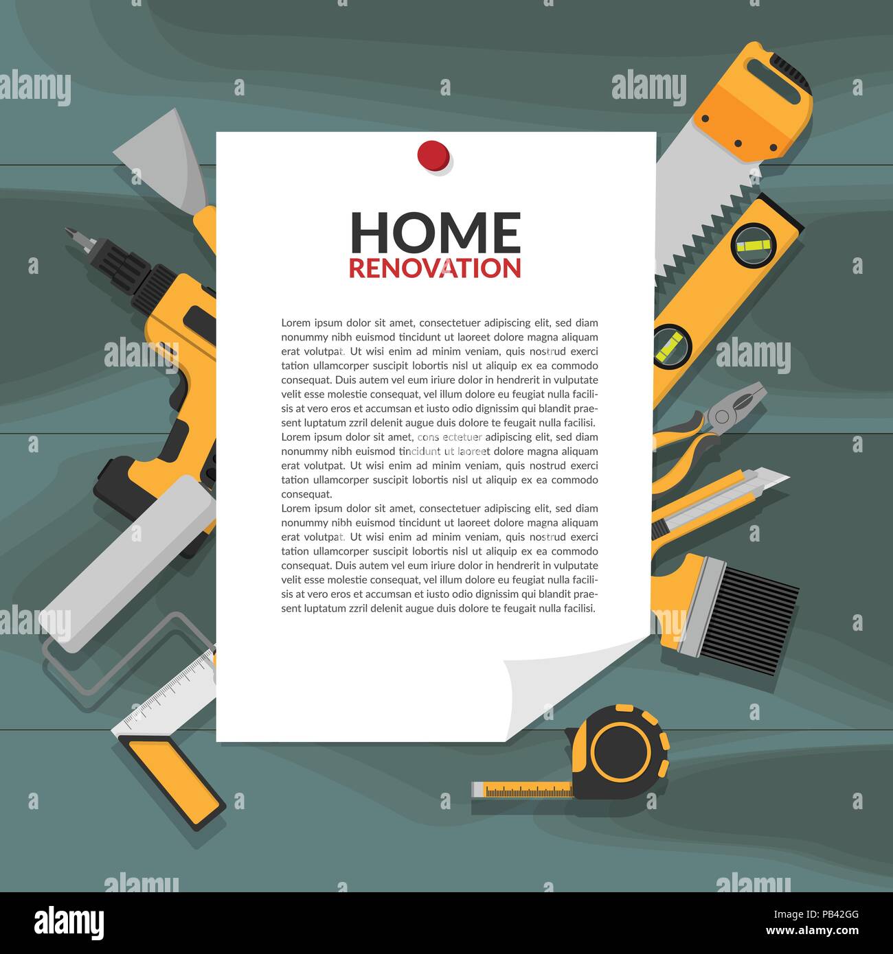 paper notice as frame with headline home renovation and copy space for your text pin on wooden board , decorate with yellow home repair tools. home re Stock Vector