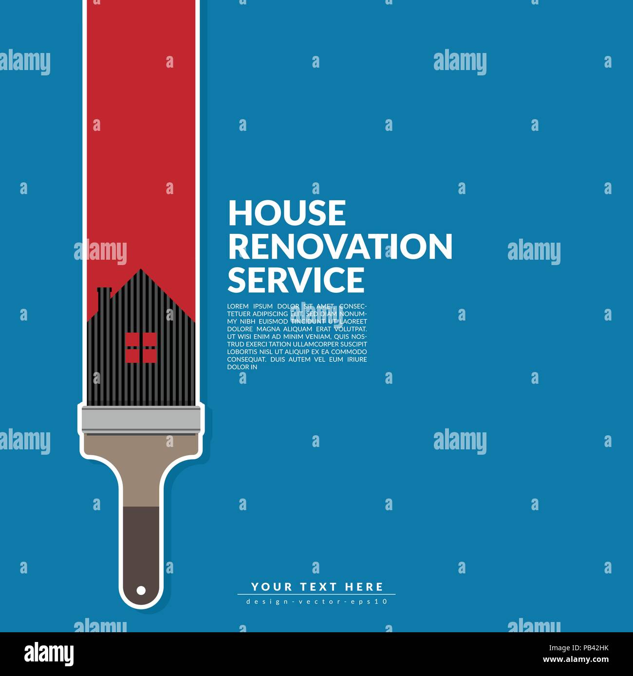paint roller paint red color over house logo isolated on blue background. creative home renovation service and painting concept, logo design template  Stock Vector