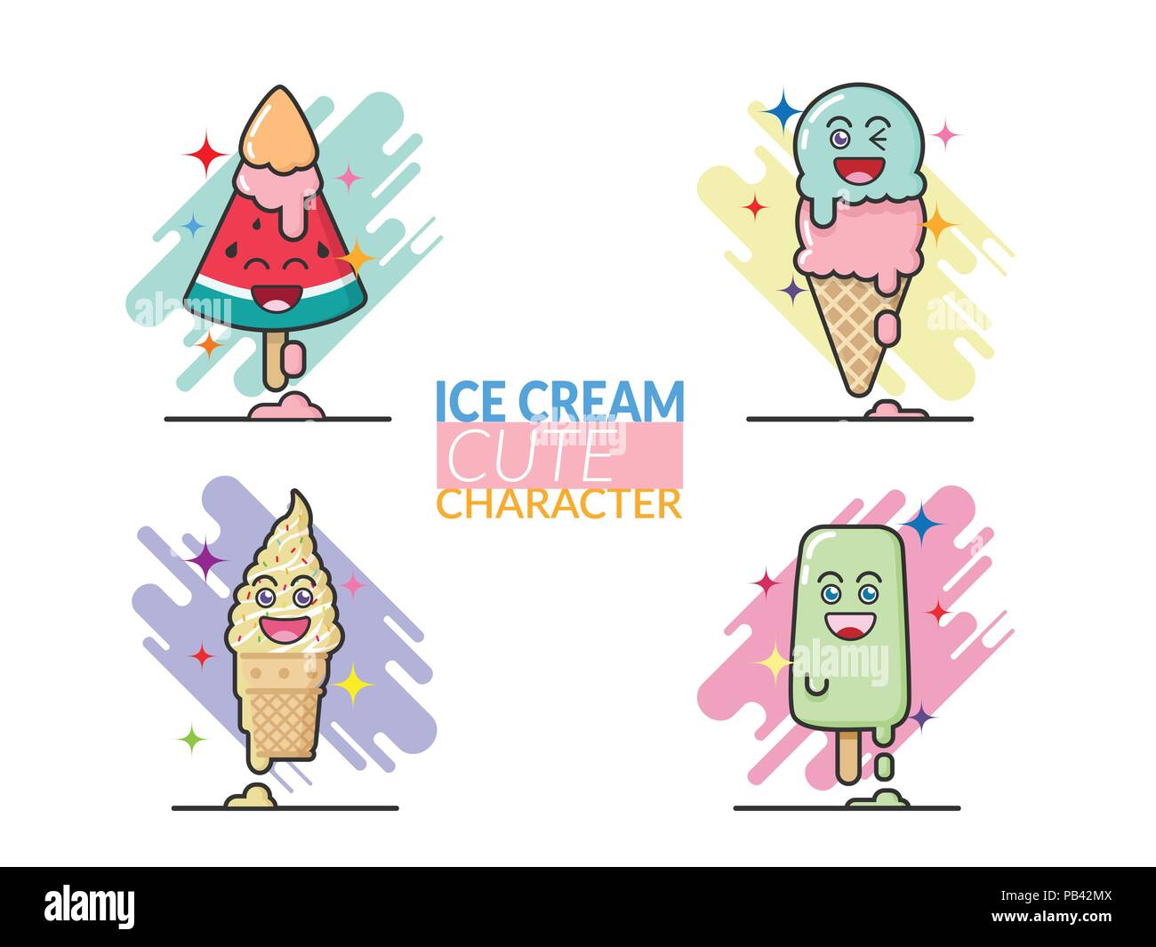 set of creative cute cartoon of ice cream cone and bar in difference flavor on white background with emotion happy face with melt icecream. ice cream  Stock Vector