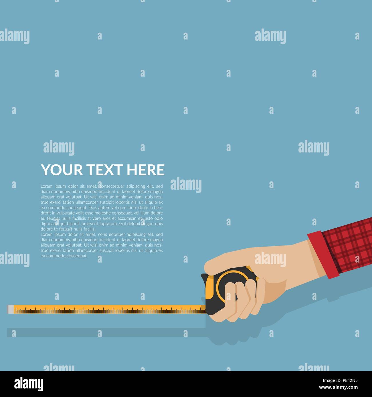 simply measure tape in hand isolated on blue background with copy space. vector illustration flat design. construction, engineering, repair concept. t Stock Vector